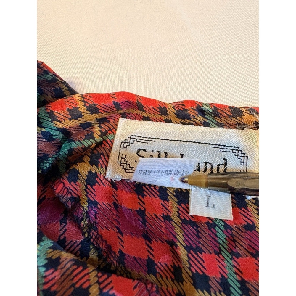 Silk Land Plaid Blouse Women Large Red 100% Pure Silk Long Sleeve Vintage Top - Picture 4 of 8
